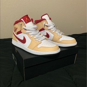 Jordan 1 Mid Light Curry Cardinal (White Laces)
